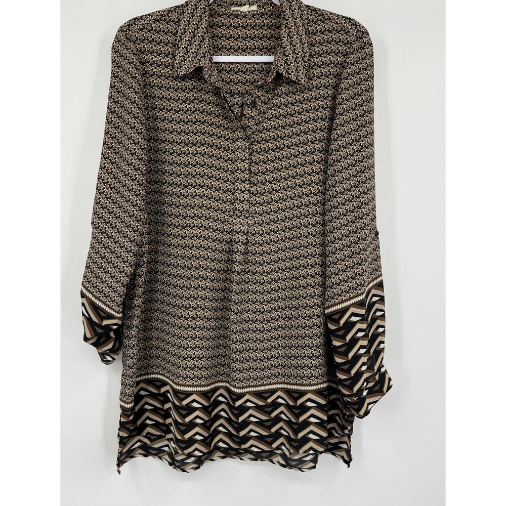 Pleione Womens XL Brown Black Geometric Print Tunic‎ Blouse Long Sleeve